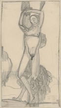Young man, tied to a tree, pencil, one-line rectangle edging, sheet: 20.8 x 11.5 cm, U. r.,