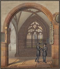 Two students in the large cloister of the Balser Münster, on the southwest corner, watercolor,