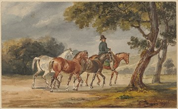 Rider with three saddled horses, watercolor, verso: pencil, leaf: 8.5 x 14 cm, U. r., Signed in