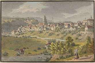 View of Freiburg i., Sculpture, watercolor over pencil, single-line rectangle edging, sheet: 8.6 x