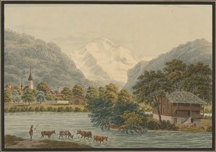 Vue d'Interlachen et de la Joungfrau, Canton de Berne, watercolor, single-line rectangle edging,