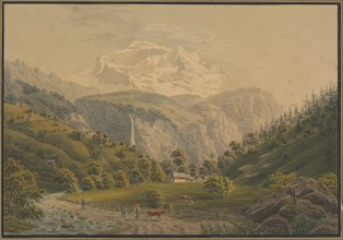 Vue de la Jungfrau, Canton de Berne, watercolor, single-line rectangle edging, mounted on