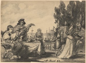Terrace by the sea with a musical society, 1882, chalk, sheet: 27.7 x 37.7 cm, U. M. inscribed with