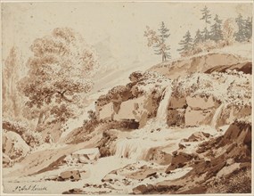 Small waterfall in the mountains, bistre and ink, washed, sheet: 15.1 x 20.1 cm, U. l., Signed with