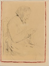 Knitting old mother, pencil, rectangle border with red watercolor paint, Leaf: 36.4 x 29.4 cm,