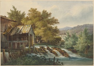 Weir on a creek, watercolor, sheet: 19.9 x 28.6 cm, U. r., Signed with pen: ACalame, Alexandre