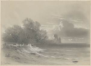 Seascape with billowing waves, pencil, white scraped, on light gray paper, sheet: 9.5 x 13.2 cm, U.