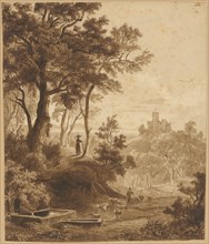 Landscape with a castle on a hill, ink, washed, sheet: 22.1 x 18.5 cm, U. l., Monogrammed with