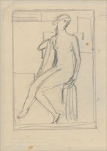 Sitting girl act, pencil on thin paper, rectangle edging, sheet: 25 x 20 cm, unmarked, Hans