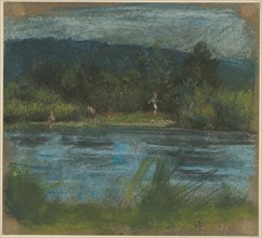 Riverside with three bathers in front of dark bushes., Behind it a blue mountain range, pastel on