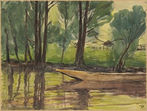 Weidling on the bank of a calm water, the green pastures and umhagtes meadow long skirt, watercolor