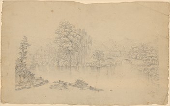 Landscape with church and monastery at a river mouth in the lake, pencil, sheet: 21 x 34.2 cm, not