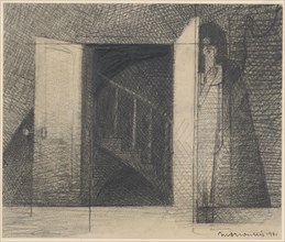 Open door with ascending stairs, 1931, pencil, mounted, leaf: 20 x 23.9 cm, U. r., Signed and dated