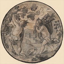Two putti at harvest, feather in black, gray washed, heightened with white, on reddish-tinted