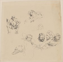 Study sheet with a seated man, three head studies, three figurative partial sketches and one animal