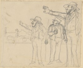 Three standing, left-facing men with a dismissive gesture in front of a leftward railway., One is