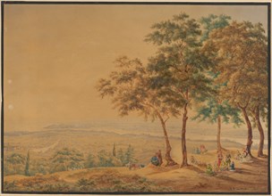 Landscape at the Bosphorus., On a hill in the foreground, 17 Turks are encamped by five trees.,