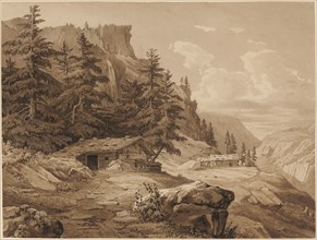 Swiss mountain landscape with three log cabins, ink, washed, sheet: 23.4 x 31 cm, not specified,