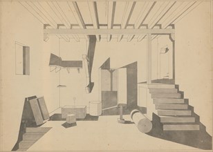 Perspective drawing of an interior with a window and an open door, a look into an arbor, pen and