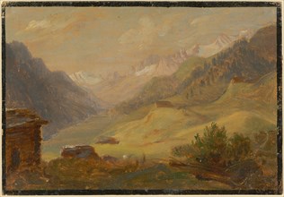 Landscape study on the Gotthard, Ticino side, oil on oil paper, broad black rectangle border,