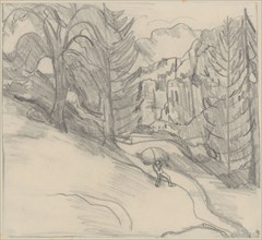 Woody mountain landscape with hunter, pencil, sheet: 25.7 x 28.4 cm, U. r., monogrammed with lead