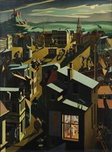German small town at night, 1923, oil on board, 100 x 75 cm, signed and dated lower left: Georg