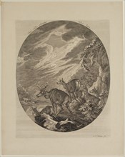 Johann Elias Ridinger, German, 1698-1769, Deer in Flight Arrested by a Lake, 18th century,