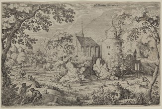 Jacob, I Savery, Netherlandish, 1565-1603, Deer Hunt in a Swamp before a Chapel and Tower, c. 1602,