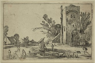 Esaias van de Velde, Dutch, 1587-1630, Frozen River to Left of a Square Tower, early 17th century,