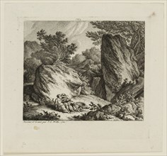 Johann Georg Wille, German, 1715-1808, Landscape with Two Figures, 1762, etching printed in black