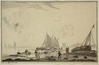 Reinier Nooms, Dutch, 1623-1667, Harbor Scene with Beached Sailing Vessel, 17th century, etching