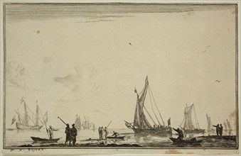 Reinier Nooms, Dutch, 1623-1667, Inland Waterway with Eight Sailing Vessels, 17th century, etching