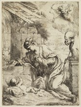 Bartolommeo Biscaino, Italian, 1632-1657, Virgin Adoring the Infant Jesus, 1655, etching printed in