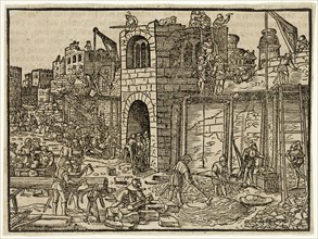 Jobst Amman, German, 1539-1591, Rebuilding of the Temple, 1564, woodcut printed in black ink on