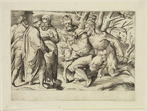 Guilio di Antonio Bonasone, Italian, 1498-1580, Two Satyrs Bring Silenus to King Midas, between