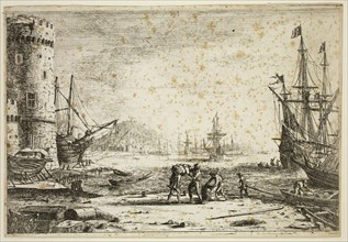Claude Gellée, French, 1600-1682, Seaport with the Large Tower, between 1635 and 1636, etching
