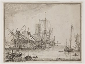 Ludolf Backhuysen, Dutch, 1630-1708, Seascape with an Anchored Ship, 1701, etching and engraving