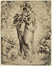 Caspar Fraisinger, German, Virgin with a Glory of Angels, 1595, Etching printed in black with