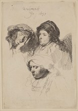 Rembrandt Harmensz van Rijn, Dutch, 1606-1669, Three Heads of Women, 1637, etching printed in black
