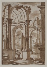 manner of Francesco Galli Bibiena, Italian, 1659-1739, Ruins of a Building with Two Women, 18th
