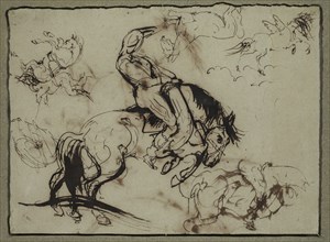 attributed to Théodore Géricault, French, 1791-1824, Horses and Riders, 19th century, pen and brown
