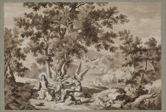 Unknown (French), Landscape with Christ in the Wilderness Ministered to by Angels, ca. 1680, pen