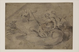 Unknown (Italian), Goddess Drawn in Chariot by Two Dogs, 17th century, pen and brush, black ink and