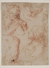 Unknown (Italian), after Guido Reni, Italian, 1575-1642, Studies of Three Heads and a Foot, between