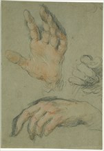 Bernardo Strozzi, Italian, 1581-1644, Study of Three Hands, between 1625 and 1630, black and red