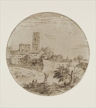 school of Giovanni Francesco Grimaldi, Italian, 1606-1680, Landscape with a Walled City, between