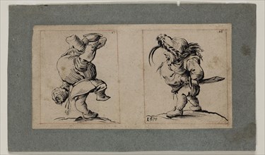 Unknown (French), after Jacques Callot, French, 1592-1635, Two Grotesque Figures, 1675, brush and