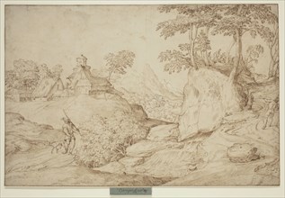 attributed to Domenico Campagnola, Italian, 1500-1564, Two Huntsmen in a Wooded, Rocky Landscape