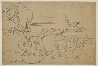 Michel Corneille the Younger, French, 1642-1708, Landscape with Cupids, 17th century, pen and black