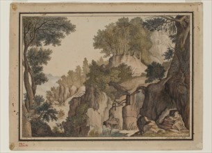 Felix Cavalli, Italian, Fantastic Landscape with a Hermit, 1793, watercolor with pen and black and